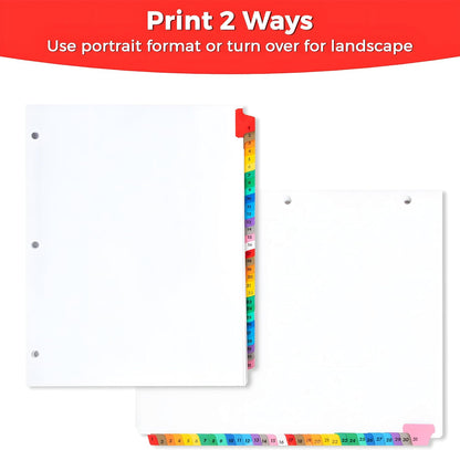 Tab Dividers for 3 Ring Binders – 6 Sets, 1–31 Numbered Index Dividers with Table of Contents – 8.5 x 11 in, 3-Hole Punched – Binder Dividers for School, Office, Filing, Organizing - 6 Pack