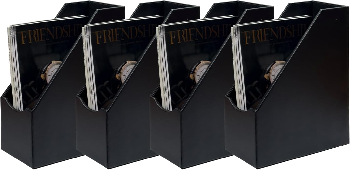UnionBasic Magazine File Holder - Office Leatherette Desktop Document File Folder Journals Organizer Racks, Black, Set of 4