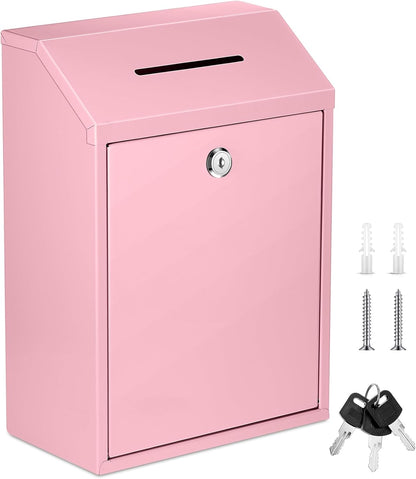 Metal Donation Cash Box Collection Safe Suggestion Box with Lock Wall Mounted Mailbox Delivery Ballot Container for Home Office Outdoor Door(Pink,11.8 x 8.6 x 4.7 Inch)