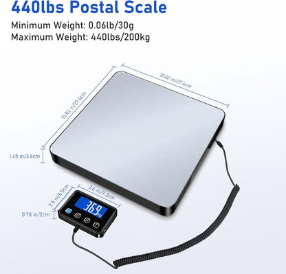Shipping Scale, 440lb/0.5oz High Accuracy Digital Scale for Packages with Hold, Tare Function, Postal Scale for Small Business, Luggage, Home Use (Battery & Charging Cable Include)