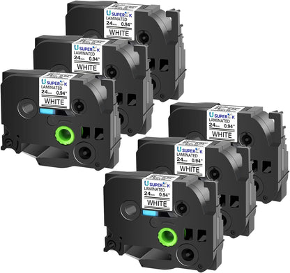 6 Pack 24mm 0.94 Laminated White Tape Compatible for Brother P-Touch Label Maker Tape TZe-251 24mm Label TZe251 1 Inch TZe TZ Tapes TZ-251 TZ251 for PT-D600 D610BT P700 P750W P950NW P710BT