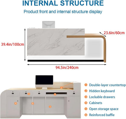 Reception Desk with Counter Modern Front Office Desk Large Reception Room Tables Checkout Counter Reception Table for Retail Lobby Beauty Salons White 94inch/240cm