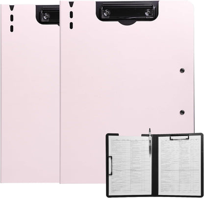 Clipboard Folder, 2 Pcs A4 Foldable Clipboard with Horizontal and Vertical Double Metal Clips, 360 Degree Foldable Binder Clipboards with Pen Holder, File Cover Work Folder Clipboards, Pink