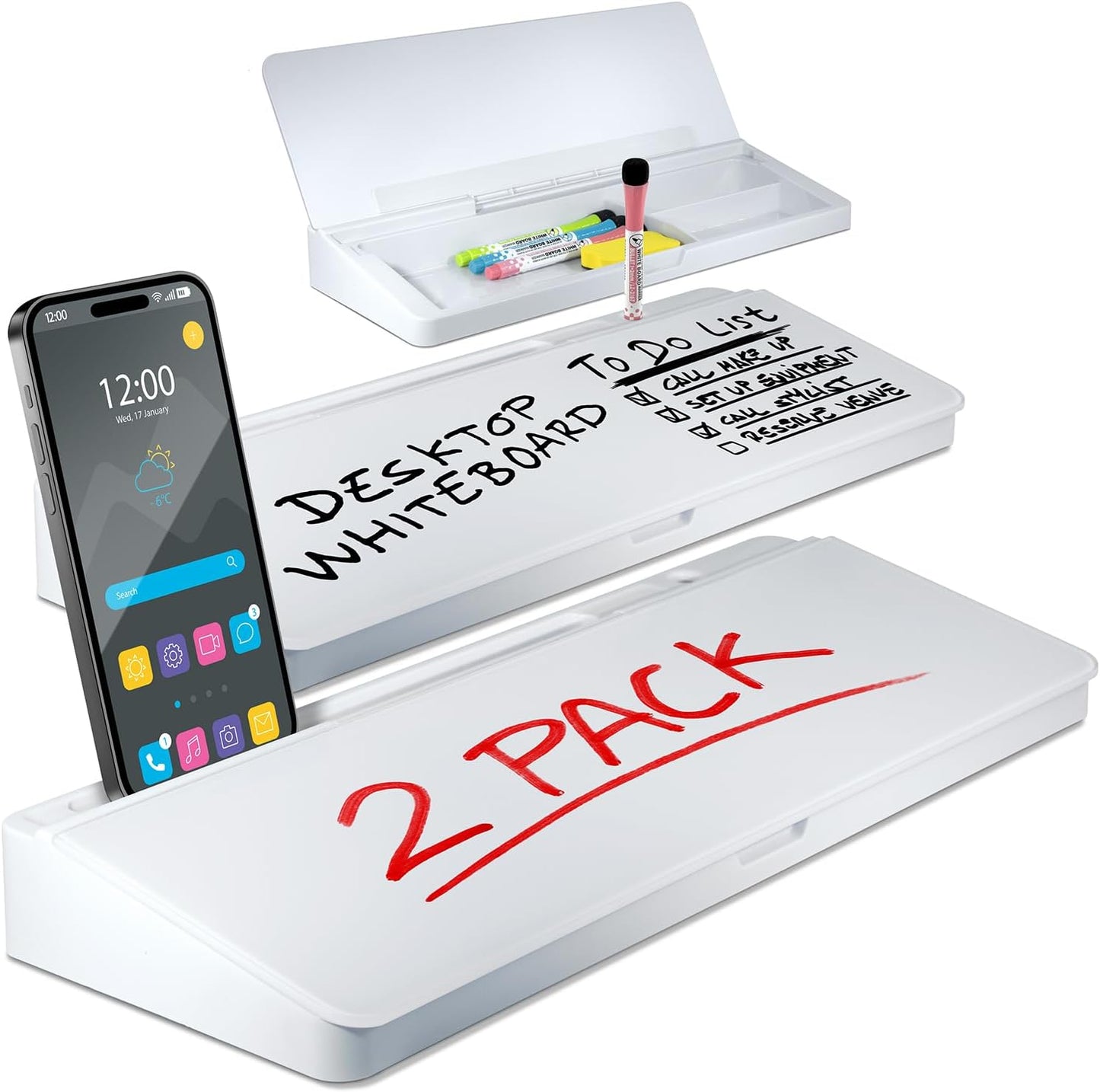 Desktop Whiteboard - Glass Dry Erase White Board - Desk Computer Buddy – Home Office & Studying Essentials - with Phone & Tablet Slot, Storage Compartment - Includes 4 Markers, 1 Eraser (2 Pack)