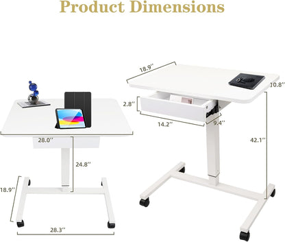 CLATINA Mobile Laptop Standing Desk, Height Adjustable Teacher Podium with Lockable Wheels, Adjustable Work Table with Drawer, Computer Cart Overbed Table for Home Office Classroom, White
