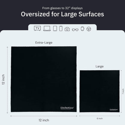 Elite Tech Gear Microfiber Cleaning Cloth for Glasses- 4-Pack, 12" x 12"- Durable Oversized Glasses Cleaning Cloth- Eyeglass Cleaning Wipes for Lenses, Electronics- High Tech Quality Material (Black)