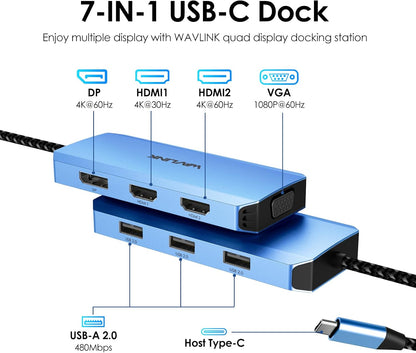 WAVLINK USB C Docking Station for MacBook Dell XPS 13/15, Lenovo Yoga, HP Laptops, USB C to Dual HDMI Monitors for Windows, USB Hub Adapter with Dual HDMI, Displayport, VGA, 3 USB 2.0 Ports, Blue
