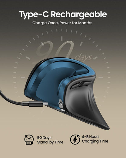 ProtoArc Ergonomic Vertical Mouse, EM11 NL Rechargeable Wireless Mouse Bluetooth, Ergo Mice with 3 Multi-Device for PC/Notebook/Laptop, 2.4GHz Optical Mice for Windows, Mac OS, Blue