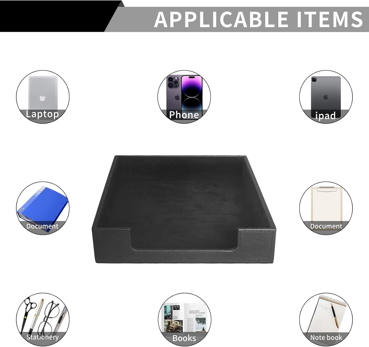 PU Leather Letter Tray - Load Documents Trays Front for Office Desktop Organizer - Desk Magazine, File, A4 Paper Holder - Paper Document File Holder (Black, A4-Tray)