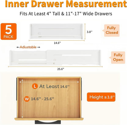 5 Pack Drawer Dividers 3.8" Slim Height Drawer Separators, Non-Slip Plastic Drawer Organizers Expandable 14.6"-25.6" for Shallow Drawers,Kitchen & Clothes Storage, Adjustable Office Drawer Divider