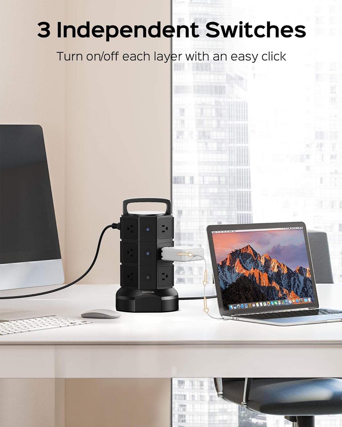 Power Strip Tower Surge Protector, JACKYLED 1625W 13A Outlet Surge Electric Tower, 12 Outlets 6 USB Ports Charging Station with 16AWG 6.5ft Heavy Duty Extension Cord for Home Office Dorm Black