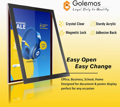 Acrylic Magnetic Sign Holder, Easy-Opening 8.5 x 11 Wall Mount Display Frames, Self Adhesive Back Plastic Clear Document Frame, Horizontal & Vertical Display (Black, 6Pack)
