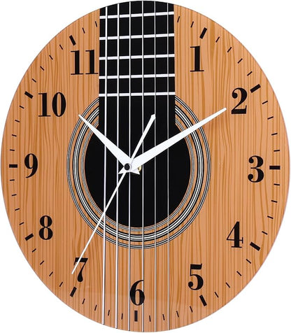 12 Inch Music Themed Wall Clock with Wooden Guitar Dial, Silent Clock Movement and Battery Operated, Great Decor for Music Room, Bedroom and Nice Gifts for Guitar Lover and Musicians