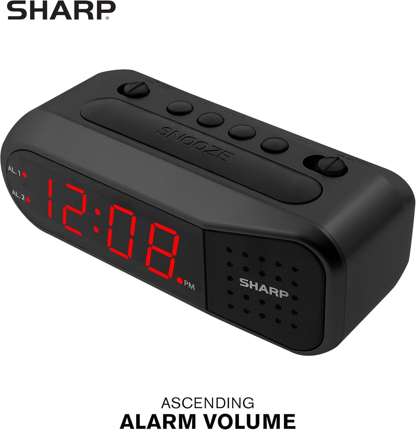 Sharp Digital Alarm Clock – Black Case with Red LEDs - Ascending Alarm Grows Increasing Louder, Gentle Wake Up Experience, Dual Alarm - Battery Back-up, Easy to Use with Simple Operation