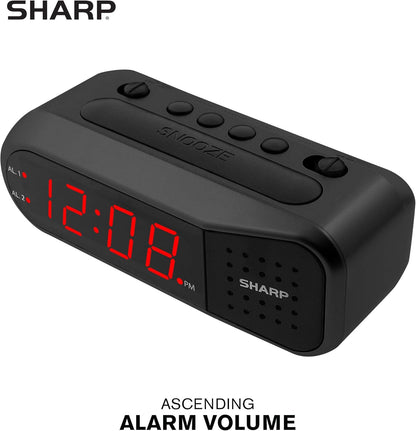 Sharp Digital Alarm Clock – Black Case with Red LEDs - Ascending Alarm Grows Increasing Louder, Gentle Wake Up Experience, Dual Alarm - Battery Back-up, Easy to Use with Simple Operation