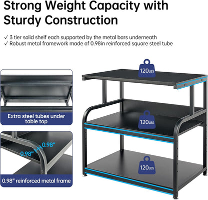32.3" x 18.9" Extra Large Printer Stand Table with Adjustable Storage Shelf, 3 Tier Rolling Printer Cart with Industrial Wheels for Home Office, Black