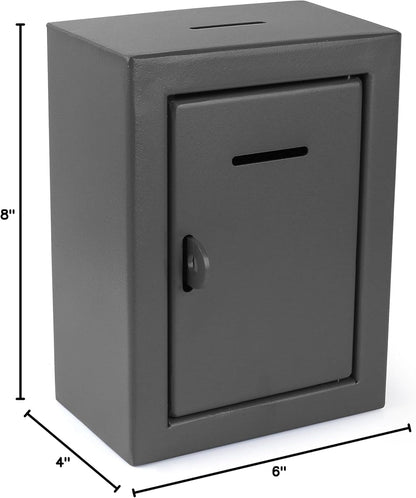 Metal Charity Donation Box - Secure Steel Collection Box with Front Slot, Easy Wall Mount, 8.5x6.5x4" Gray