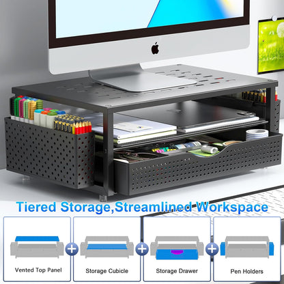 gianotter Desk Organizers and Accessories, Monitor Stand with Drawer and 2 Pen Holder, Desktop Organizer Suitable for Offices and Dormitories (Black)