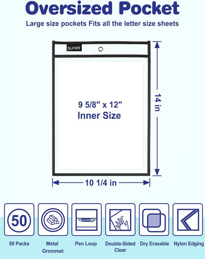 SUNEE 50 Packs Oversized Reusable Dry Erase Pocket Sleeves with 3 Rings, Black 10x14 Ticket Holders, Clear Plastic Sheet Protectors, Teacher School Classroom Supplies