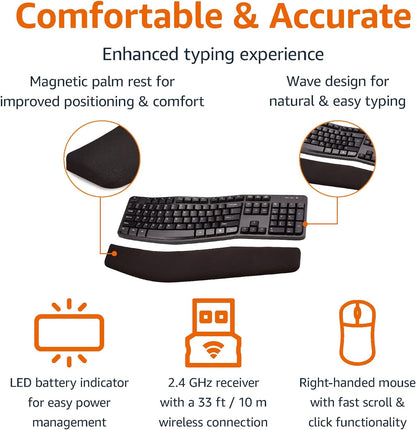 Amazon Basics Ergonomic Wireless Keyboard and Mouse Combo for Comfortable PC and Laptop Use, 2.4 GHz USB, Black