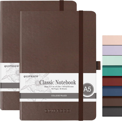 2Pack Lined Hardcover Journal Notebook, A5 192 Pages 100Gsm Thick Paper College Ruled for School,Note Taking,Work,Diary，5.7"*8.3",Brown