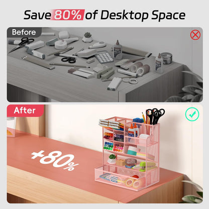 Mesh Pen Organizer for Desk, Multi-Functional Pencil Holder with Drawer Desk Organizers, Large Capacity Storage for School Office Home Supplies (Pink)