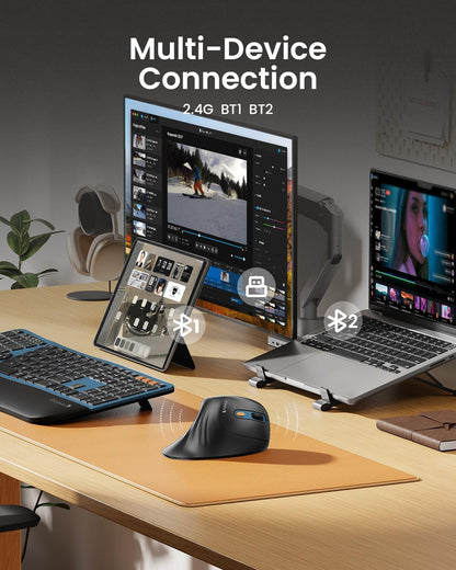 ProtoArc Ergonomic Vertical Mouse, EM11 NL Rechargeable Wireless Mouse Bluetooth, Ergo Mice with 3 Multi-Device for PC/Notebook/Laptop, 2.4GHz Optical Mice for Windows, Mac OS, Blue