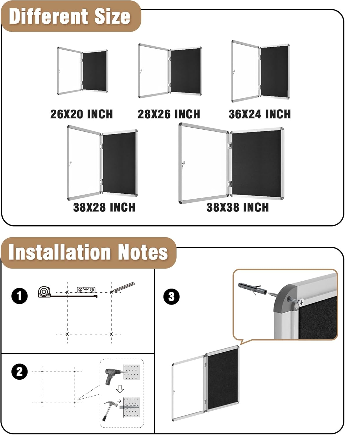 38"x28" Enclosed Bulletin Board, Lockable Weather-Resistant Aluminum Cork Noticeboard for School & Office, Silver Frame w/Black Flet