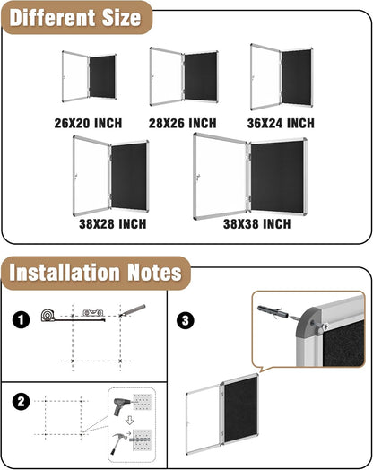 38"x38" Enclosed Bulletin Board, Lockable Weather-Resistant Aluminum Cork Noticeboard for School & Office, Silver Frame w/Black Flet