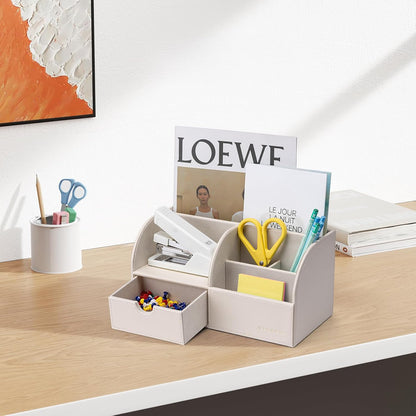 Vlando Office Supplies Desk Organizer Caddy, PU Leather Office Organization and Storage,Desktop Hanging File Letter Document Storage Holder with Drawer Beige