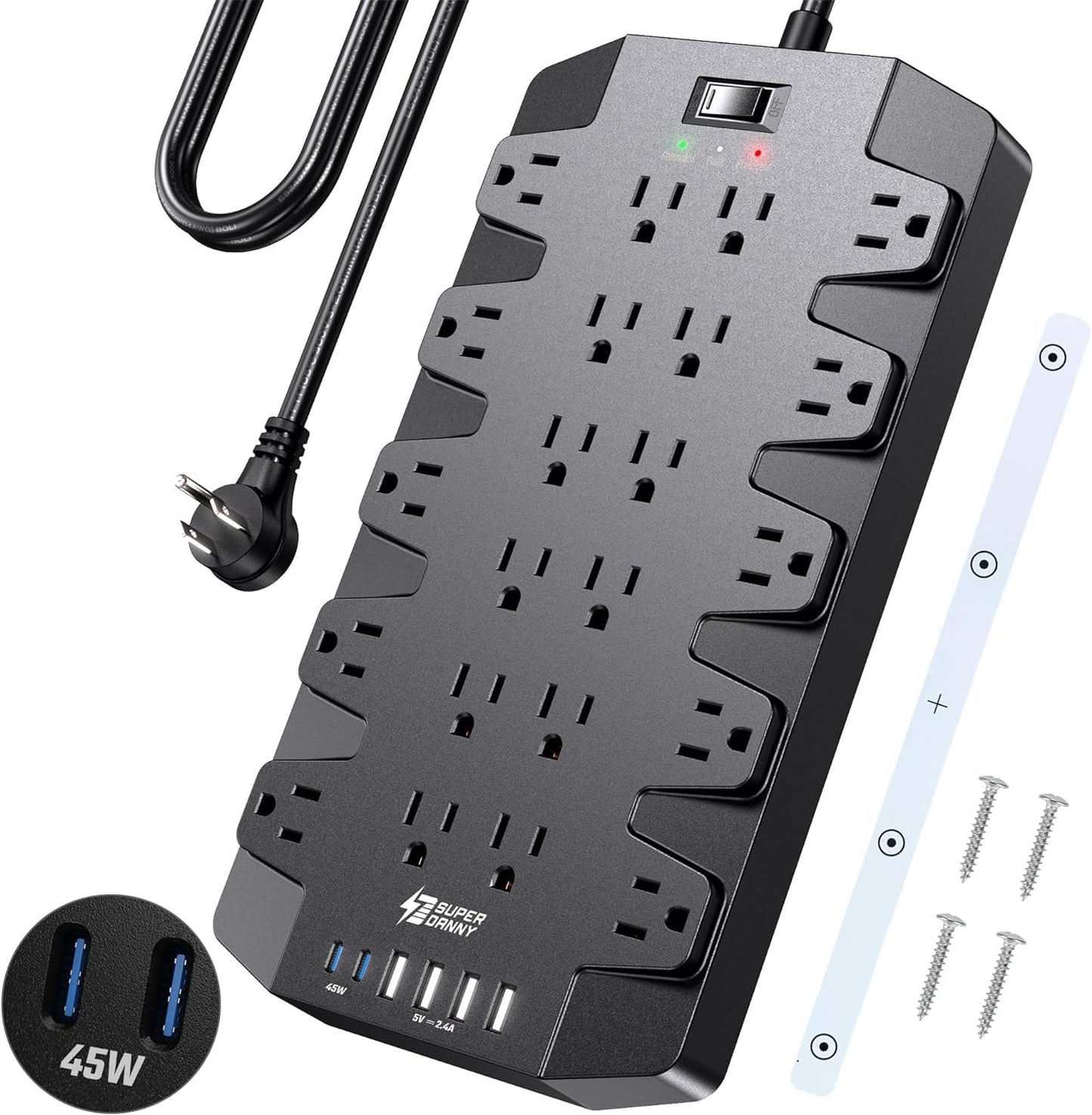 PD 45W Fast Charging Power Strip Surge Protector with 22 Outlet + 6 USB Port, SUPERDANNY 1875W/15A, 2100J, 6.5ft 45° Plug Mountable Extension Cord for Home,Office,Dorm,Gaming,PC,Streaming