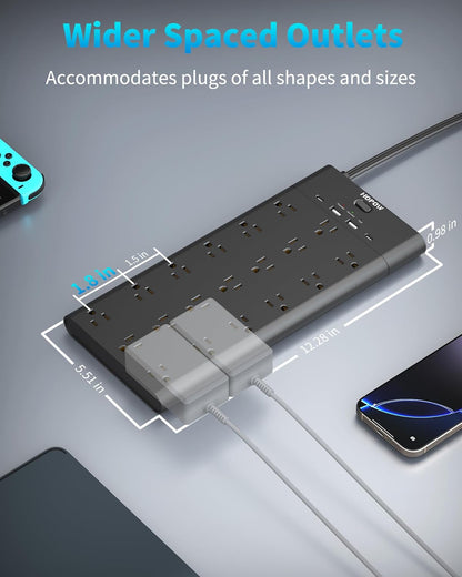 Surge Protector Power Strip with 19 Outlets and 4 USB Ports, HOPOW 15 Ft Flat Plug Heavy Duty Extension Cord, 1875W, 2100J Surge Protection, Wall Mount for Home, Office, Gaming Room, Dorm, Black