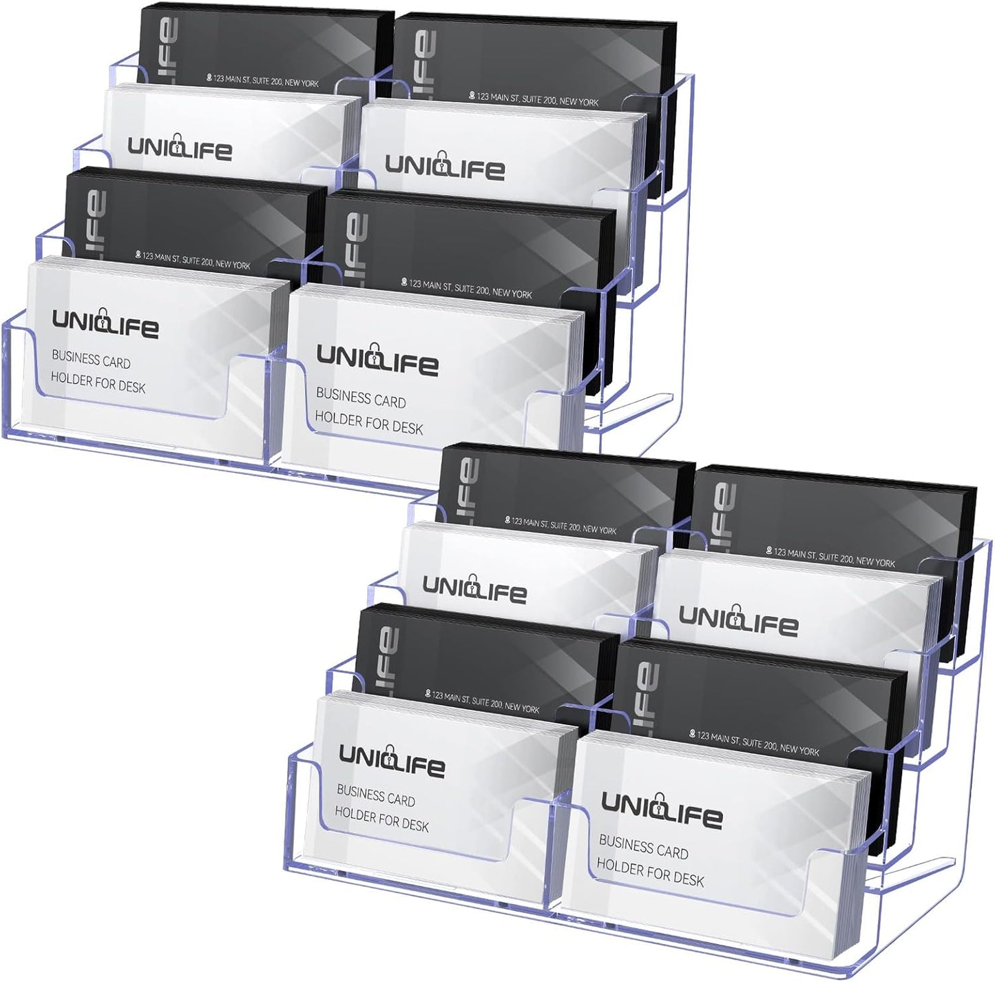 Uniclife 2 Pack Acrylic Business Card Holder for Desk 8 Slots Clear Business Card Display Stand for Men & Women Desktop Business Card Organizer Card Stand for Office Home Exhibition, 480 Card Capacity