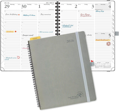 POPRUN 2026 Planner (Large - 8.5" x 10.5") with Hourly Schedule, Vertical Layout - 2026 Weekly Calendar (Jan. 2026 - Dec.2026) for Time Management, Monthly Tabs, Spiral Bound, Soft Cover - Grey