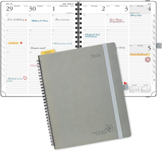 POPRUN 2026 Planner (Large - 8.5" x 10.5") with Hourly Schedule, Vertical Layout - 2026 Weekly Calendar (Jan. 2026 - Dec.2026) for Time Management, Monthly Tabs, Spiral Bound, Soft Cover - Grey