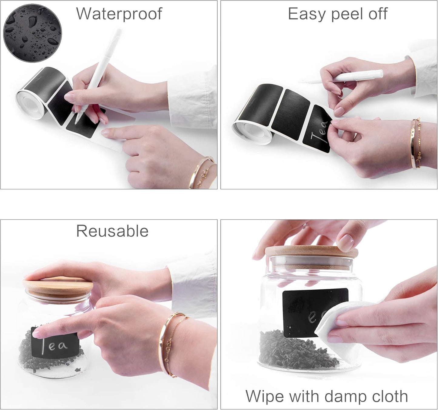 MUWOOB Chalkboard Labels, 120 Pcs Black Reusable Waterproof Labels Stickers with 2 White Chalk Markers, Kitchen Pantry Sticker Labels for Containers, Mason Jars, Condiments, Food Storage (Oval Shape)