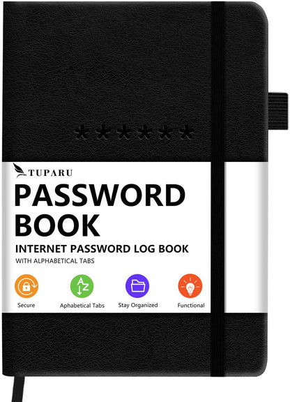 Password Book with Alphabetical Tabs – Hardcover Internet Address & Password Organizer – Password Keeper Notebook for Computer & Website – 5.2 x 7.6" Log-in Password Journal w/Thick Paper (Black)