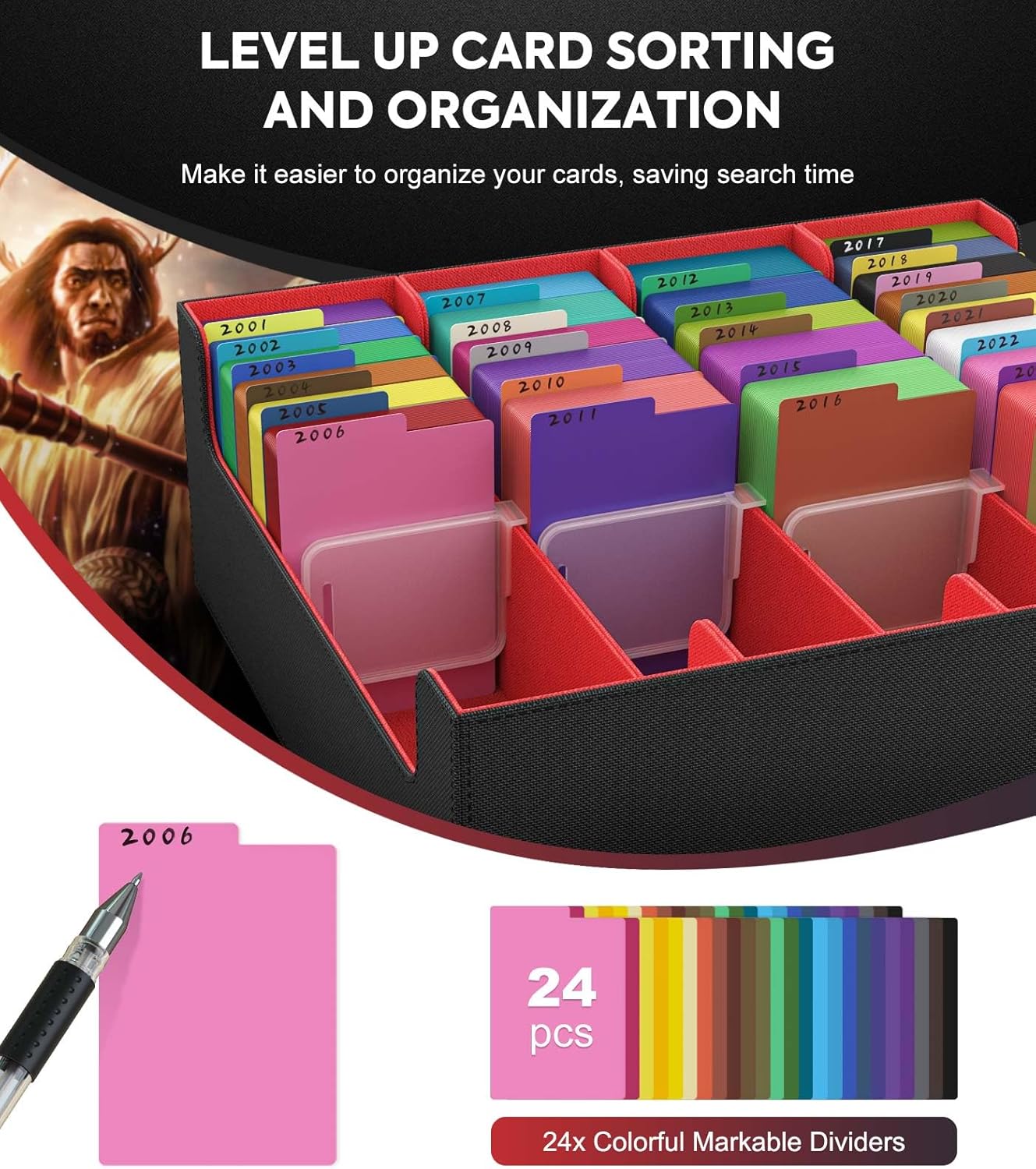 MoKo Trading Card Storage Box, 3000+ MTG Deck Box with 24 Colorful Dividers & 4 Card Supporters, Commander Card Deck Case Fits for Magic Game Cards, YugiOh, TCG, PTG and Sport Cards, Black Red