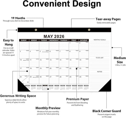 GuassLee Desk Calendar 2025, 2 Packs, 19 Months Calendar 17" × 11.5" Desk Calendar from June. 2025 to December. 2026 with Julian Date, To-do List, Notes, Monthly Goals, for Home School Office