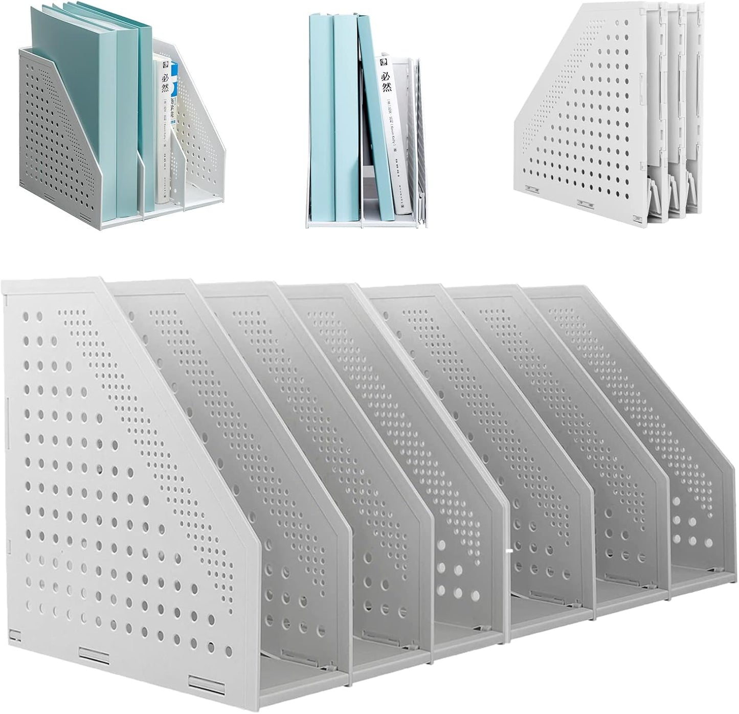 SAYEEC 2Pcs Collapsible Plastic Magazine File Holder Vertical Binder Storage Organizer for Desk Sturdy Upright Desktop Magazine Organizer Folder Rack for Office School Home (3 Compartments, Gray)