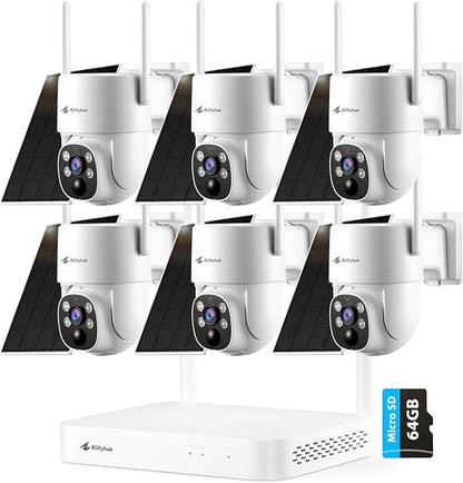 Kittyhok 10CH Solar Security Camera System | 6pcs 2K Ultr Pan & Tilt Solar Camera Wireless Outdoor with Humman Detection, Spotlight, 2-Way Audio | 10 CH NVR System, 45-Day Local Storage