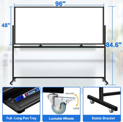 4'x8' Large Dry Erase White Board with Rolling Stand 96"x48" Double-Sided Mobile Magnetic Whiteboard on Wheels, Including 3 Magnetic Erasers, 7 Markers, 30 Magnets
