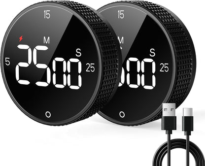 Rechargeable Magnetic Kitchen Timer for Cooking, Building 800mAh Battery Large Display Digital Countdown Countup Timer, 3 Preset 5/15/25 Mins Loud Alarm for Baking Grilling Studying - 2PCS