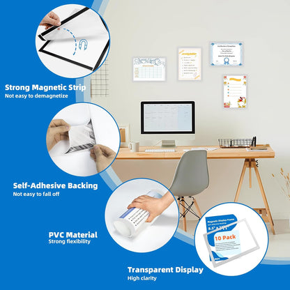 Magnetic Sign Holder 8.5 x 11-10 Pack Double Sided Magnetic Picture Frames for Wall Window Display Frame Paper Poster Document Holder Reusable Adhesive Frames for Refrigerator Glass Door