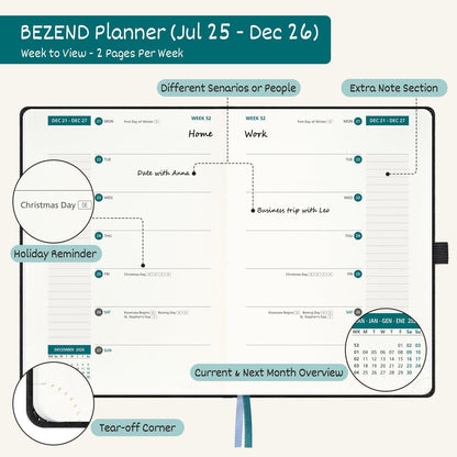 BEZEND Weekly Planner 2025-2026 with 2 Columns, 8.5" x 11" Academic Calendar 18 Months (Jul 25-Dec 26) Life Work Appointment Book with Monthly Tab, PU Leather Hardcover - Mustard