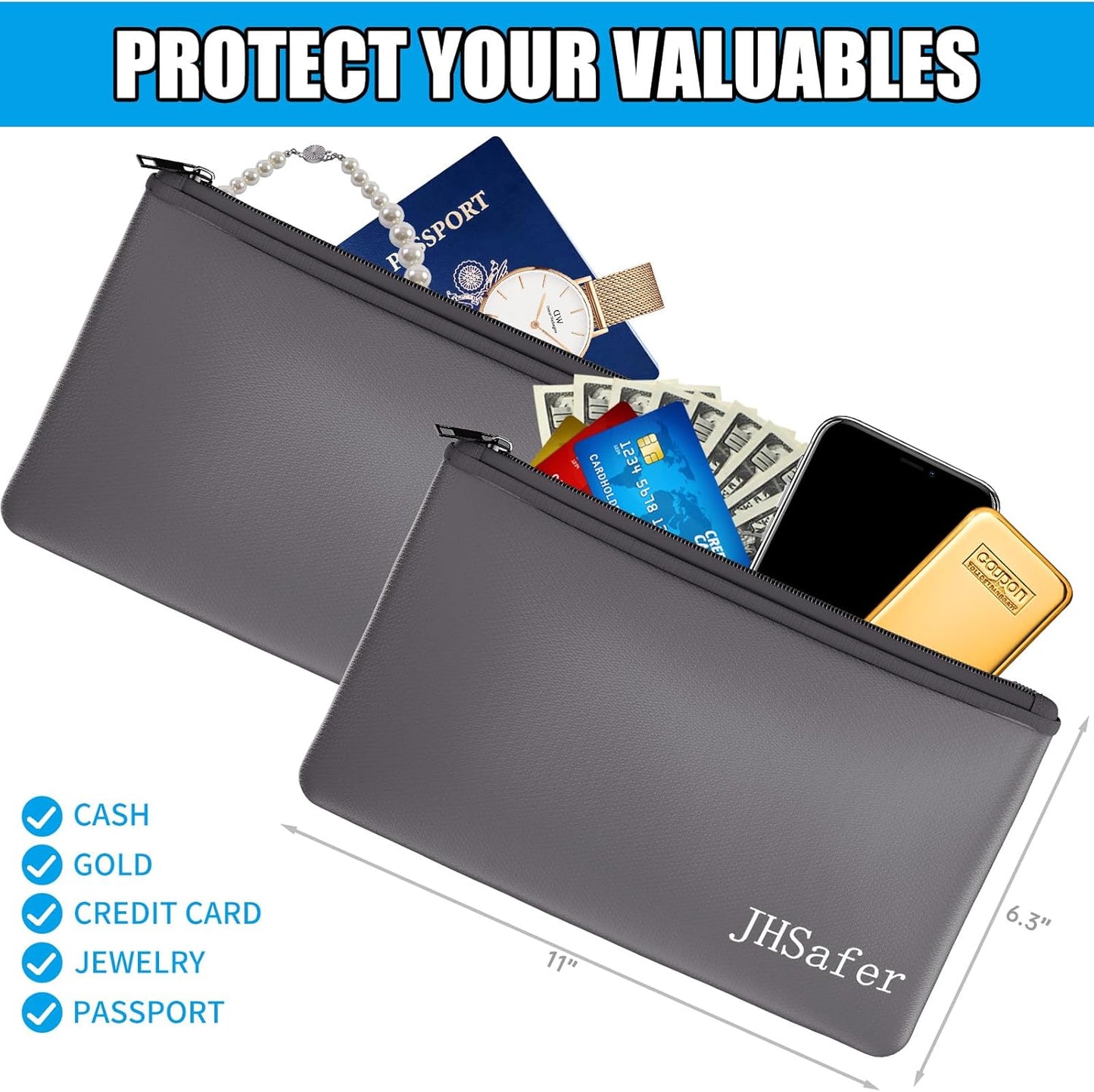 6400℉ Fireproof and Waterproof Money Bags 2pcs with Zipper,11''x6.3'' Fireproof Cash Bag with Zipper,Fireproof Wallet Envelope Safe Pouch Fireproof Bags for Cash Passports Keys Jewellery (Gray)
