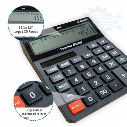 Battery and Solar Unique 120-Step Calculation Check Memory 12 Digit 2 Line Extra Large Calculator Big Buttons and 5.5" LCD Display, Configurable Tax Rate Financial Calculator for Tax Calculations