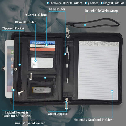 Customized Black Zippered Portfolio Binder with Junior Legal 5x8 Notepad - Engraved PU Leather Business Padfolio Organizer Folder with 8" Tablet Sleeve & Gift Box by Lautus Designs