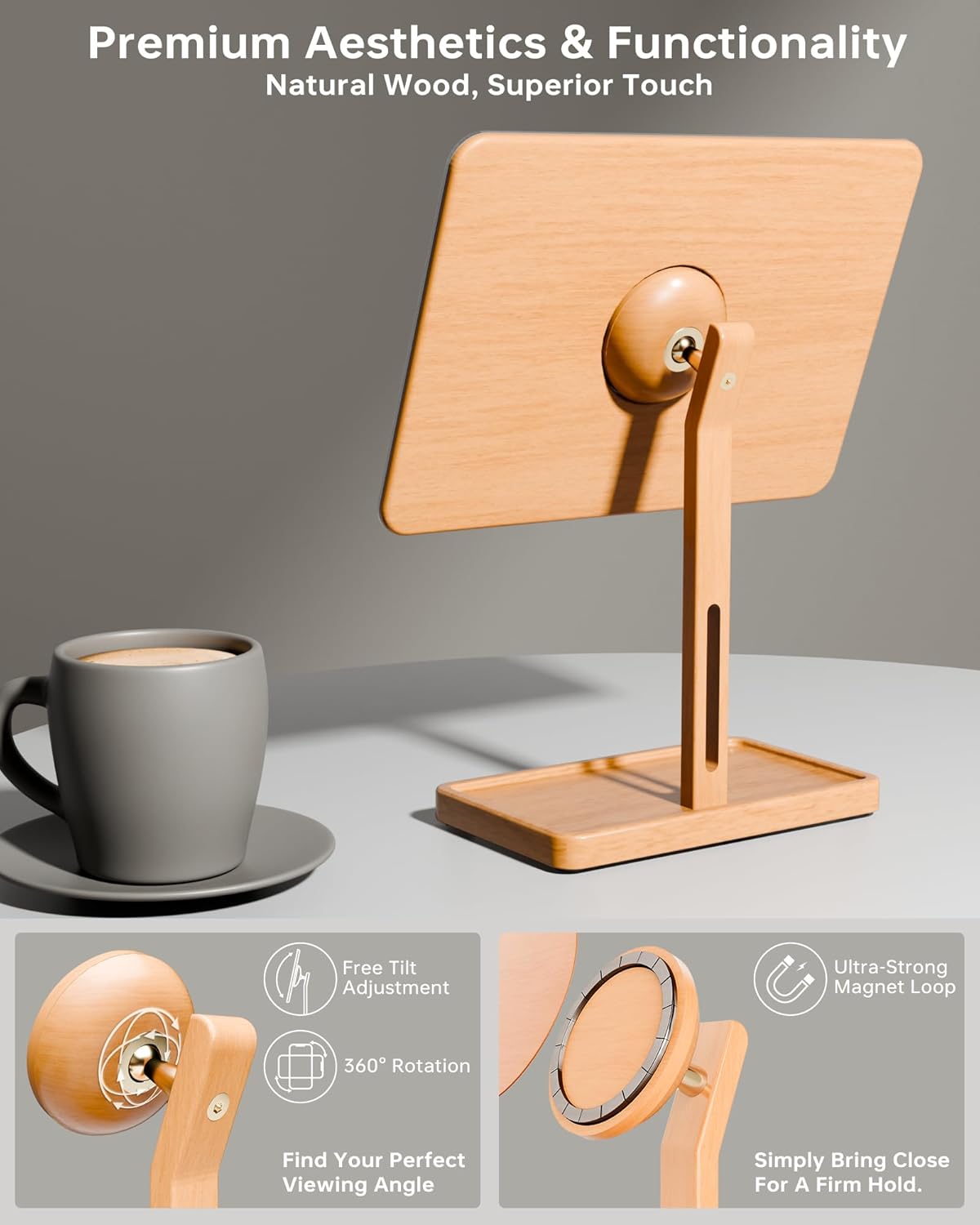 YEOUX Premium Desktop Glass Whiteboard & Magnetic Phone Stand 2-in-1 | 360° Adjustable | Solid Wood | MagSafe Compatible, Small Dry Erase Board for Office Home Desk