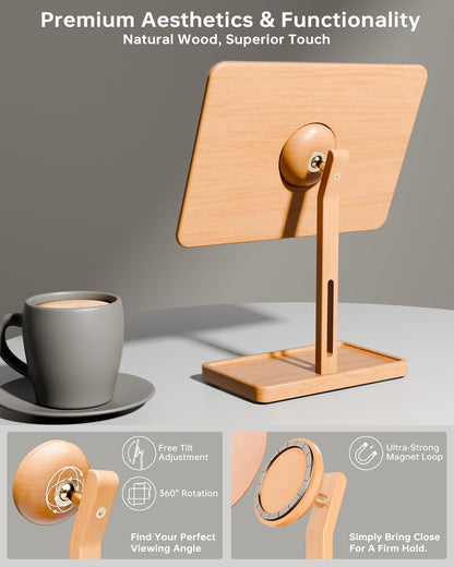 YEOUX Premium Desktop Glass Whiteboard & Magnetic Phone Stand 2-in-1 | 360° Adjustable | Solid Wood | MagSafe Compatible, Small Dry Erase Board for Office Home Desk